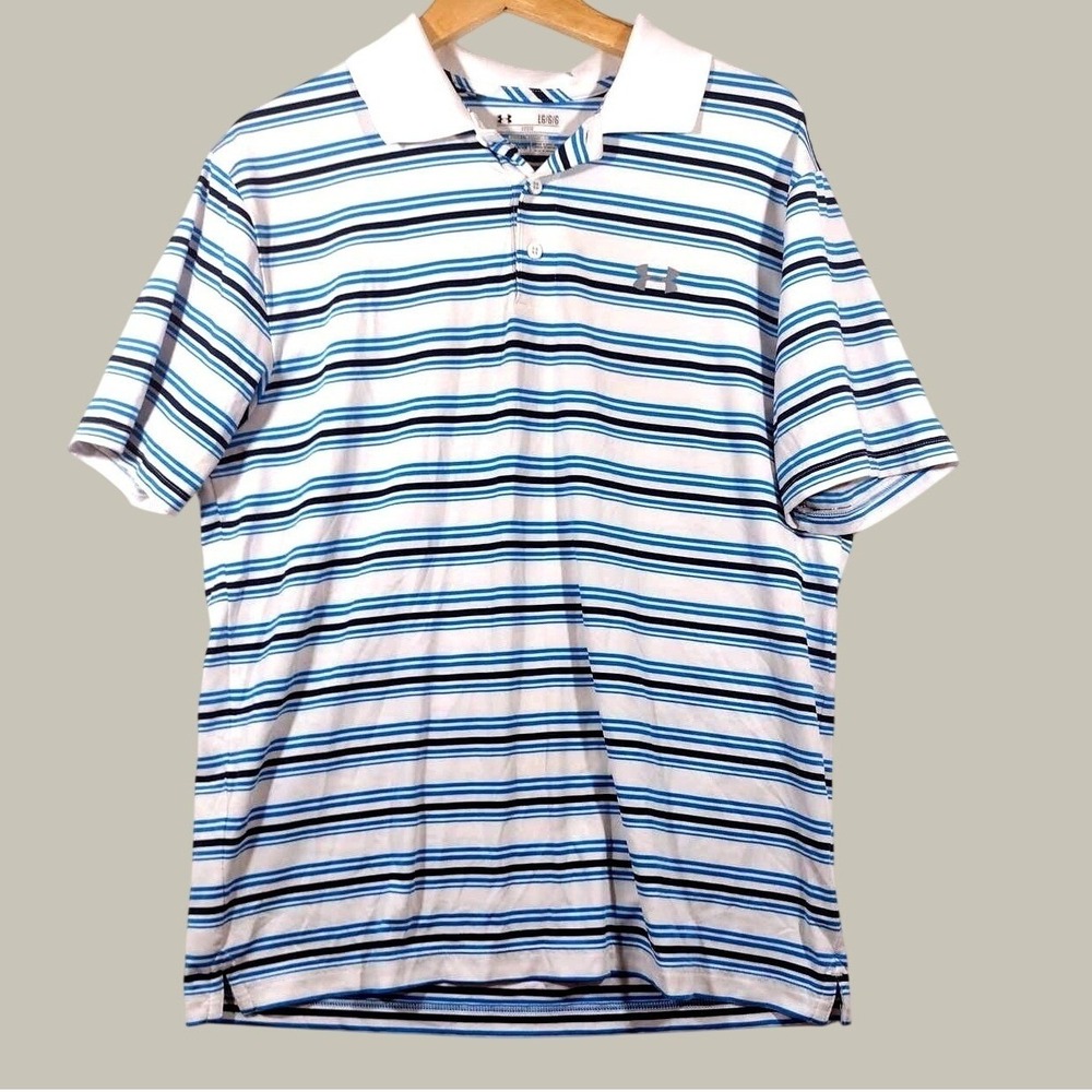 Under Armour HeatGear Loose Polo Shirt Blue White‎ Striped Short Sleeve Sz L